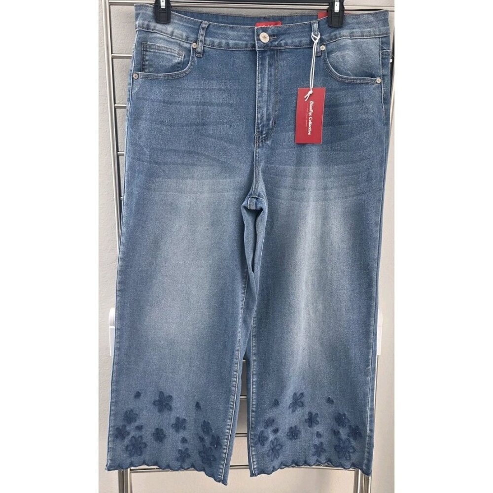 BlueFox Collective Womens 18 Wide Leg Cropped Jeans High Rise Floral‎ Hem